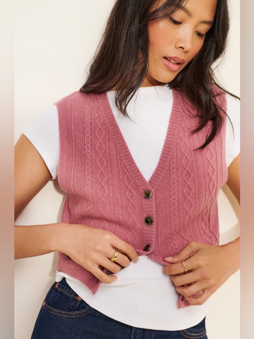 Free People Pink Cashmere Cable Knit V-Neck Button Vest